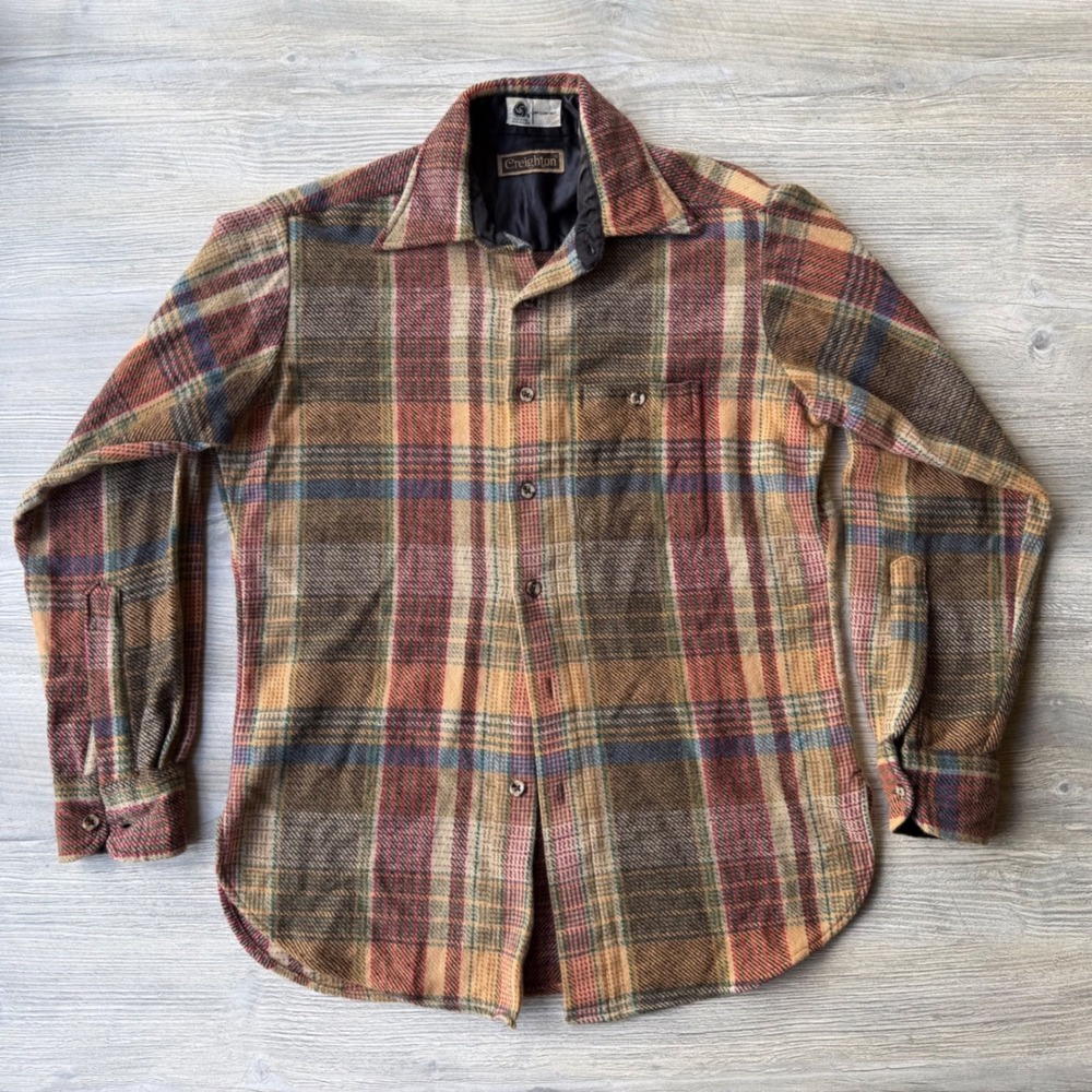 Vintage Creighton Wool Blend Plaid Flannel Shirt Mens Medium Brown Red Gorpcore